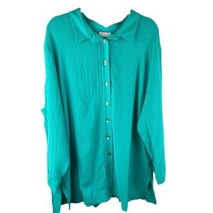 Soft Surroundings Teal Button Down Gold Button Frayed Edge Blouse Tunica Size 1X